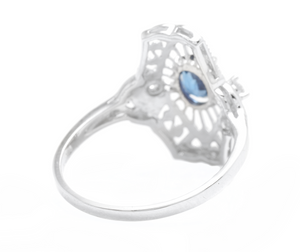 Art Deco Style Natural Sapphire and Diamond 14k Solid White Gold Ring