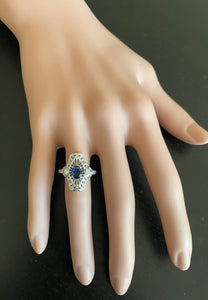Art Deco Style Natural Sapphire and Diamond 14k Solid White Gold Ring