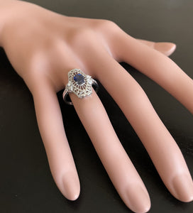 Art Deco Style Natural Sapphire and Diamond 14k Solid White Gold Ring