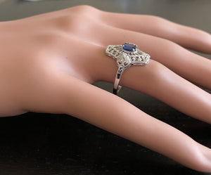 Art Deco Style Natural Sapphire and Diamond 14k Solid White Gold Ring