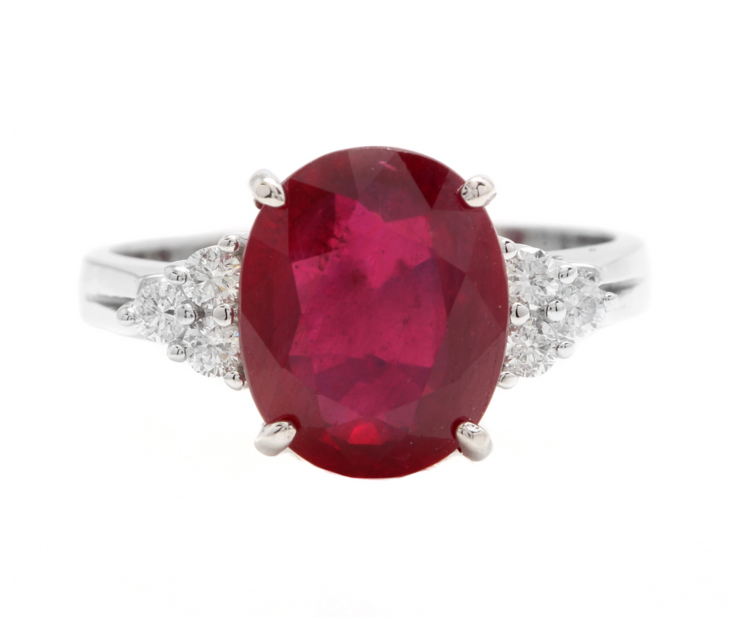 6.60 Carats Red Ruby and Diamond 14k Solid White Gold Ring