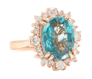 7.80 Carats Natural Blue Zircon and Diamond 14k Solid Rose Gold Ring