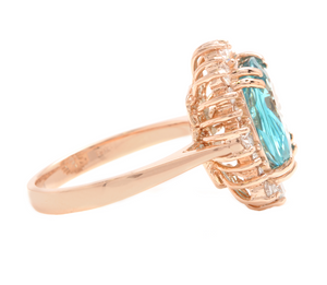7.80 Carats Natural Blue Zircon and Diamond 14k Solid Rose Gold Ring