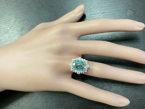 7.80 Carats Natural Blue Zircon and Diamond 14k Solid Rose Gold Ring