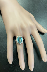 7.80 Carats Natural Blue Zircon and Diamond 14k Solid Rose Gold Ring