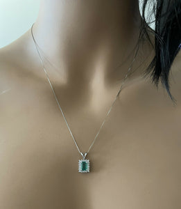 1.50ct Natural Emerald and Diamond 14k Solid White Gold Necklace