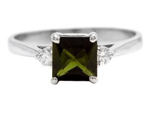 1.25 Carats Natural Green Tourmaline and Diamond 14k Solid White Gold Ring