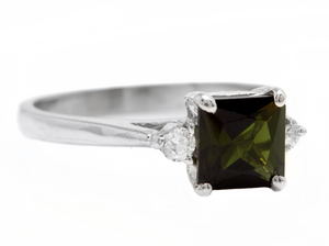 1.25 Carats Natural Green Tourmaline and Diamond 14k Solid White Gold Ring