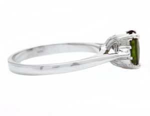 1.25 Carats Natural Green Tourmaline and Diamond 14k Solid White Gold Ring