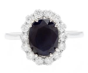 3.60 Carats Natural Sapphire and Diamond 14k Solid White Gold Ring