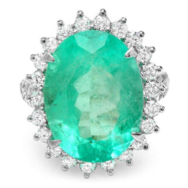 12.70 Carats Natural Emerald and Diamond 18K Solid White Gold Ring