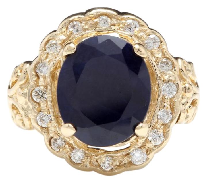 8.00 Carats Exquisite Natural Blue Sapphire and Diamond 14K Solid Yellow Gold Ring