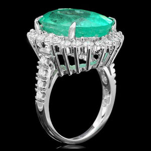 12.70 Carats Natural Emerald and Diamond 18K Solid White Gold Ring