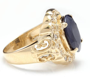 8.00 Carats Exquisite Natural Blue Sapphire and Diamond 14K Solid Yellow Gold Ring