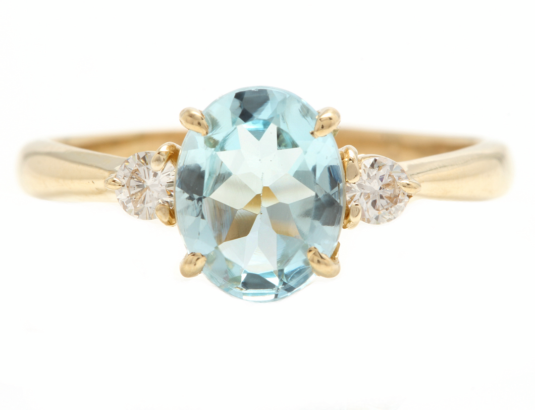 1.16 Carats Natural Aquamarine and Diamond 14k Solid Yellow Gold Ring