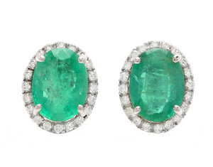 4.45ct Natural Emerald and Diamond 14k Solid White Gold Earrings