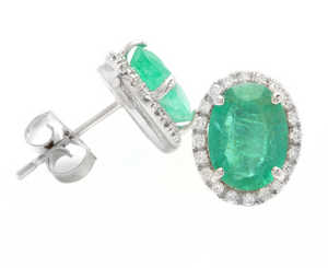 4.45ct Natural Emerald and Diamond 14k Solid White Gold Earrings