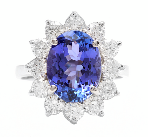 5.75 Carats Natural Tanzanite and Diamond 18k Solid White Gold Ring