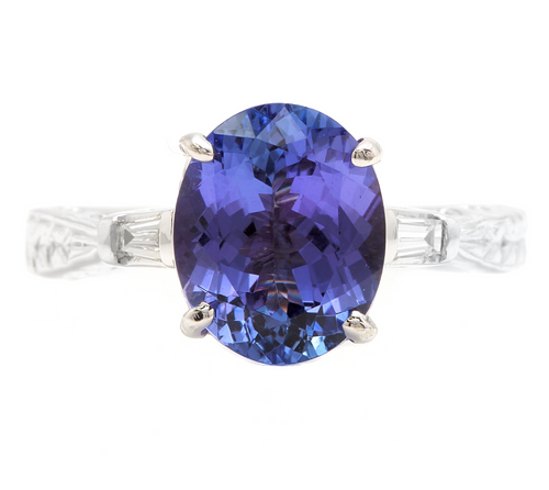 3.14 Carats Natural Tanzanite and Diamond 14k Solid White Gold Ring