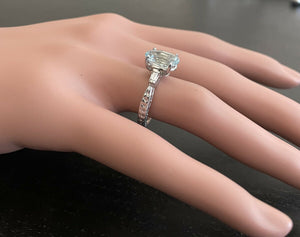 3.14ct Natural Aquamarine & Diamond 14k Solid White Gold Ring