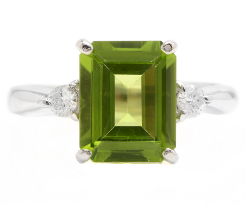 3.18 Carats Natural Peridot and Diamond 14k Solid White Gold Ring