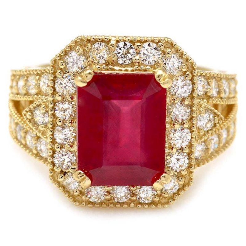 8.20 Carats Natural Red Ruby and Diamond 14K Solid Yellow Gold Ring