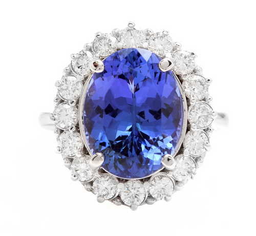 9.90 Carats Natural Tanzanite and Diamond 18k Solid White Gold Ring