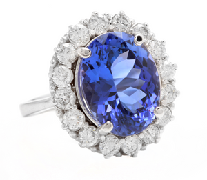 9.90 Carats Natural Tanzanite and Diamond 18k Solid White Gold Ring