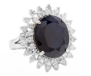 13.00 Carats Natural Sapphire and Diamond 14k Solid White Gold Ring