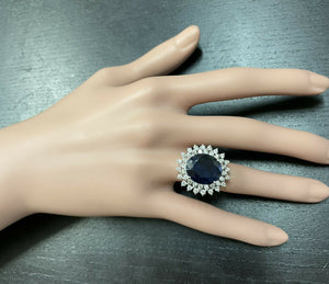 13.00 Carats Natural Sapphire and Diamond 14k Solid White Gold Ring