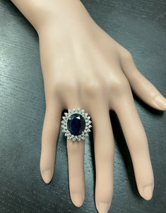 13.00 Carats Natural Sapphire and Diamond 14k Solid White Gold Ring