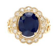 Load image into Gallery viewer, 7.50 Natural Blue Sapphire &amp; Diamond 14k Solid Yellow Gold Ring