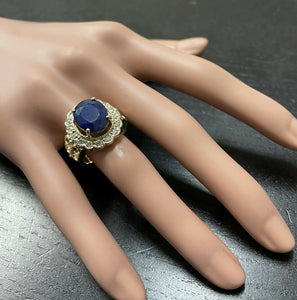 7.50 Natural Blue Sapphire & Diamond 14k Solid Yellow Gold Ring