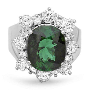 7.80 Carats Natural Green Tourmaline and Diamond 14K Solid White Gold Ring