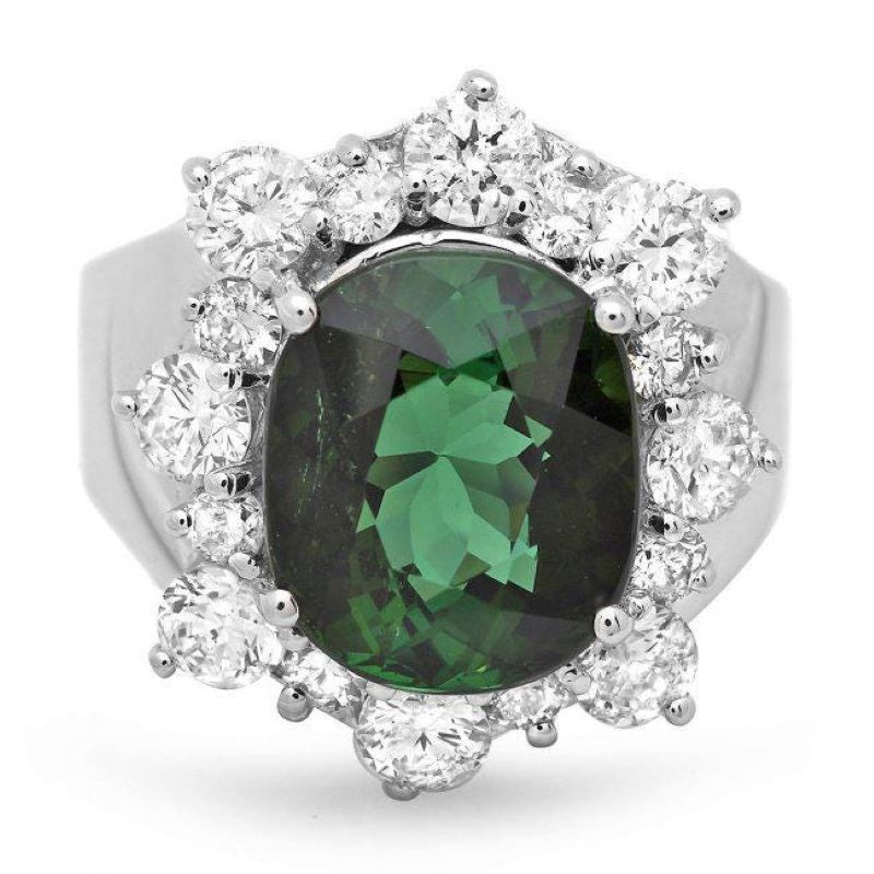 7.80 Carats Natural Green Tourmaline and Diamond 14K Solid White Gold Ring