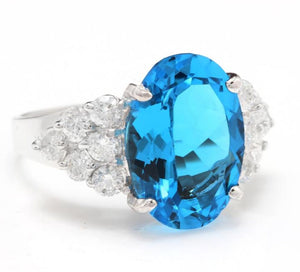 7.40 Carats Impressive Natural Swiss Blue Topaz and Diamond 14K Solid White Gold Ring