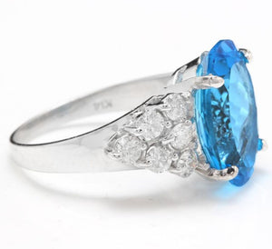 7.40 Carats Impressive Natural Swiss Blue Topaz and Diamond 14K Solid White Gold Ring
