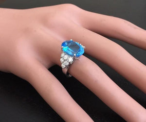 7.40 Carats Impressive Natural Swiss Blue Topaz and Diamond 14K Solid White Gold Ring