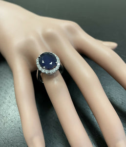 11.15ct Natural Blue Sapphire & Diamond 14k Solid White Gold Ring