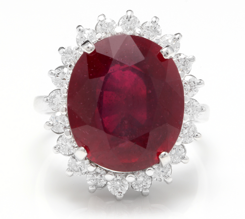 14.05 Carats Red Ruby and Natural Diamond 14k Solid White Gold Ring