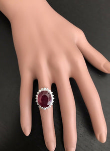 14.05 Carats Red Ruby and Natural Diamond 14k Solid White Gold Ring