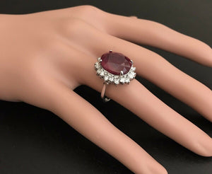 14.05 Carats Red Ruby and Natural Diamond 14k Solid White Gold Ring