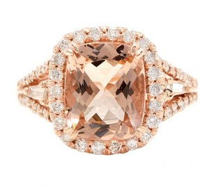 5.00 Carats Natural Morganite and Diamond 14k Solid Rose Gold Ring