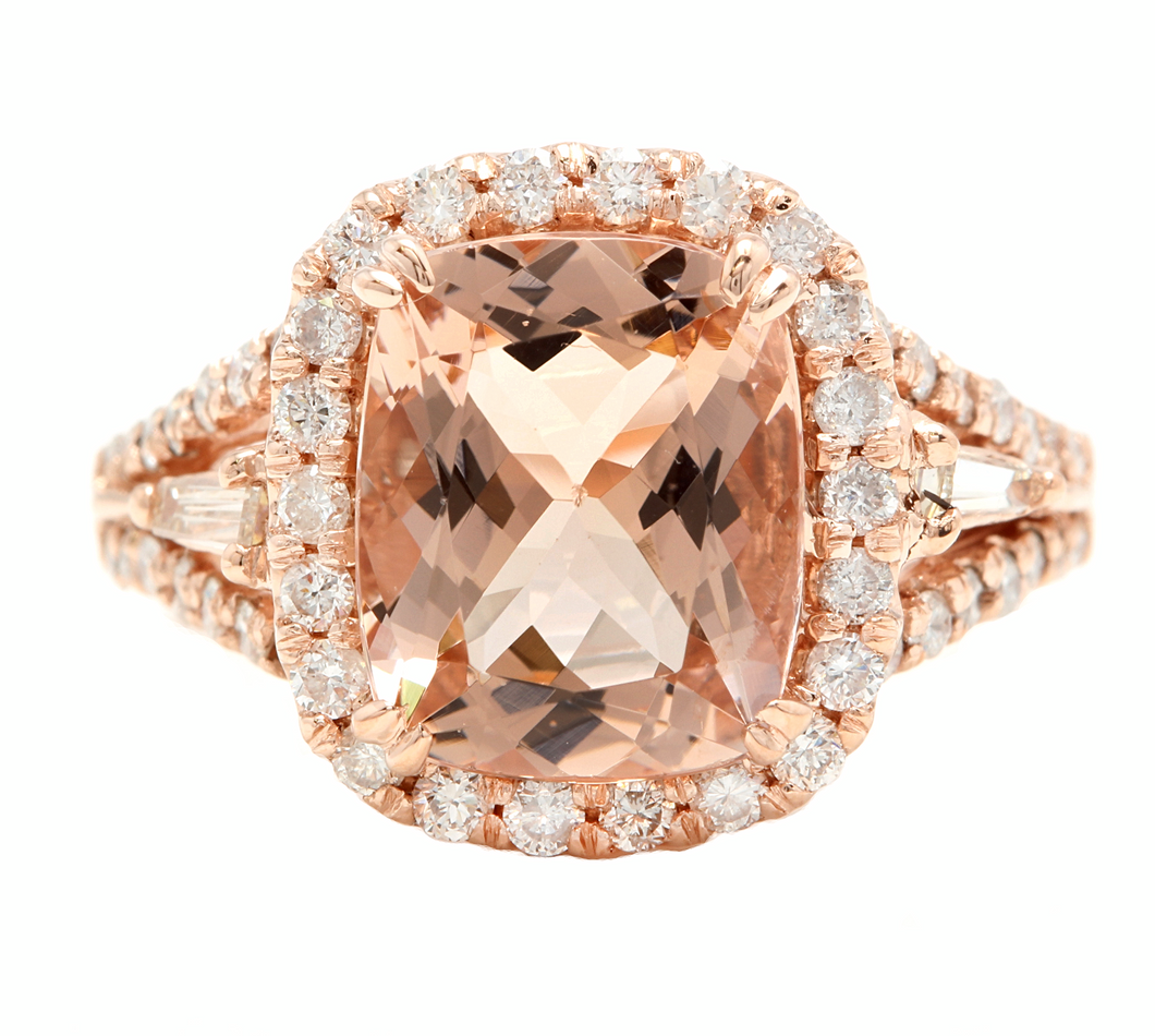 5.00 Carats Natural Morganite and Diamond 14k Solid Rose Gold Ring