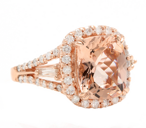 5.00 Carats Natural Morganite and Diamond 14k Solid Rose Gold Ring