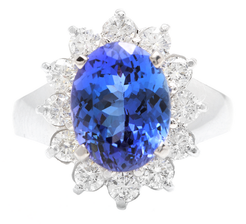 4.90 Carats Natural Tanzanite and Diamond 14k Solid White Gold Ring