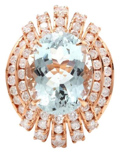 11.00 Carats Exquisite Natural Aquamarine and Diamond 14K Solid Rose Gold Ring