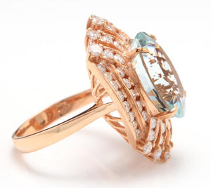 11.00 Carats Exquisite Natural Aquamarine and Diamond 14K Solid Rose Gold Ring