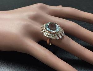 11.00 Carats Exquisite Natural Aquamarine and Diamond 14K Solid Rose Gold Ring