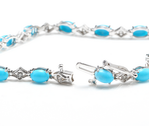 6.20 Natural Turquoise and Diamond 14k Solid White Gold Bracelet